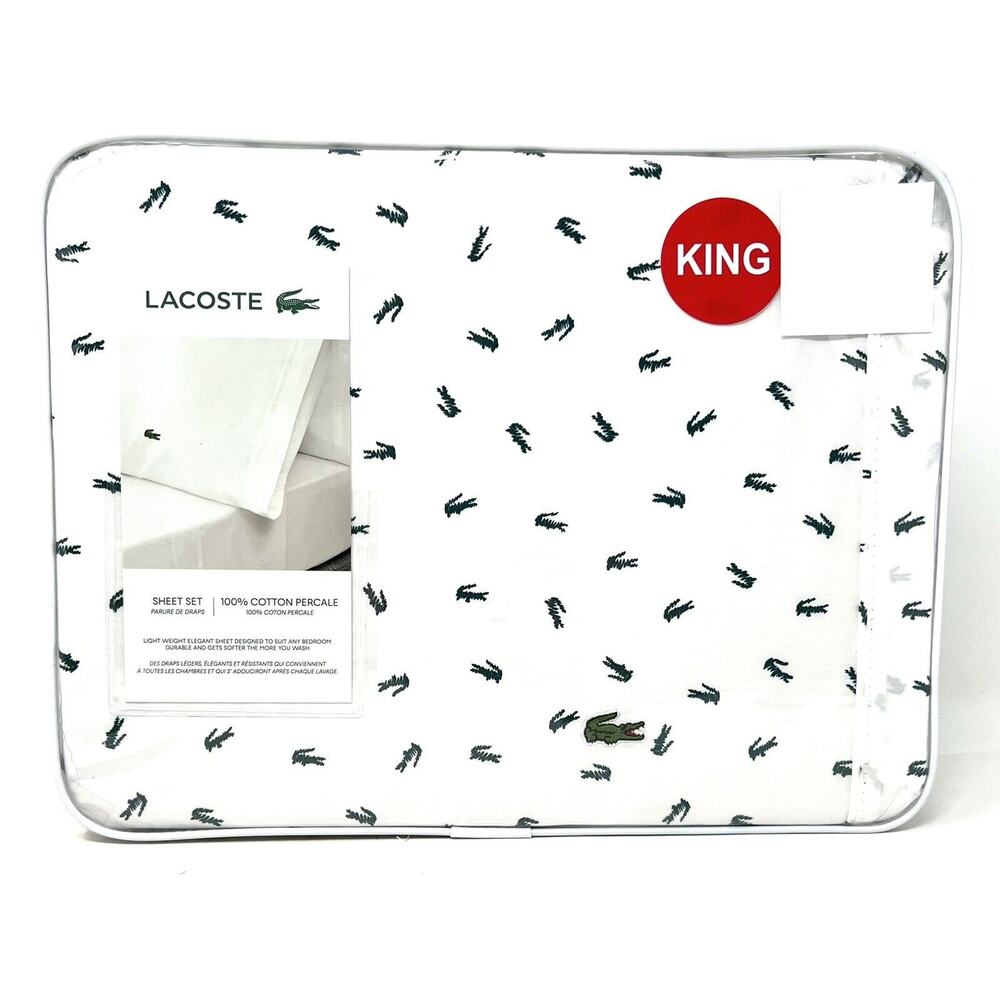 Lacoste Doodle Crocodile Croc Logo KING Sheet Set Jasper GRN 100% Cotton Percale